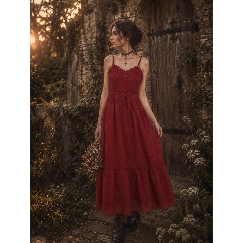 Whimsigoth Dark Cottagecore Corset Babydoll Maxi Dress Tiered Crimson Women XS
